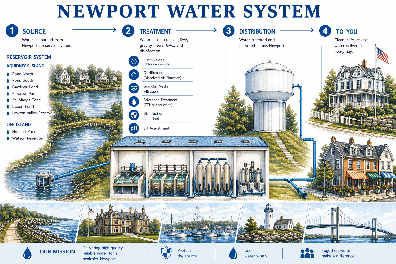 Newport Water System diagram showing source reservoirs, treatment processes (preoxidation, clarification with dissolved air flotation, granular media filtration, granular activated carbon for TTHM reduction, disinfection, and pH adjustment), distribution storage, and delivery to customers