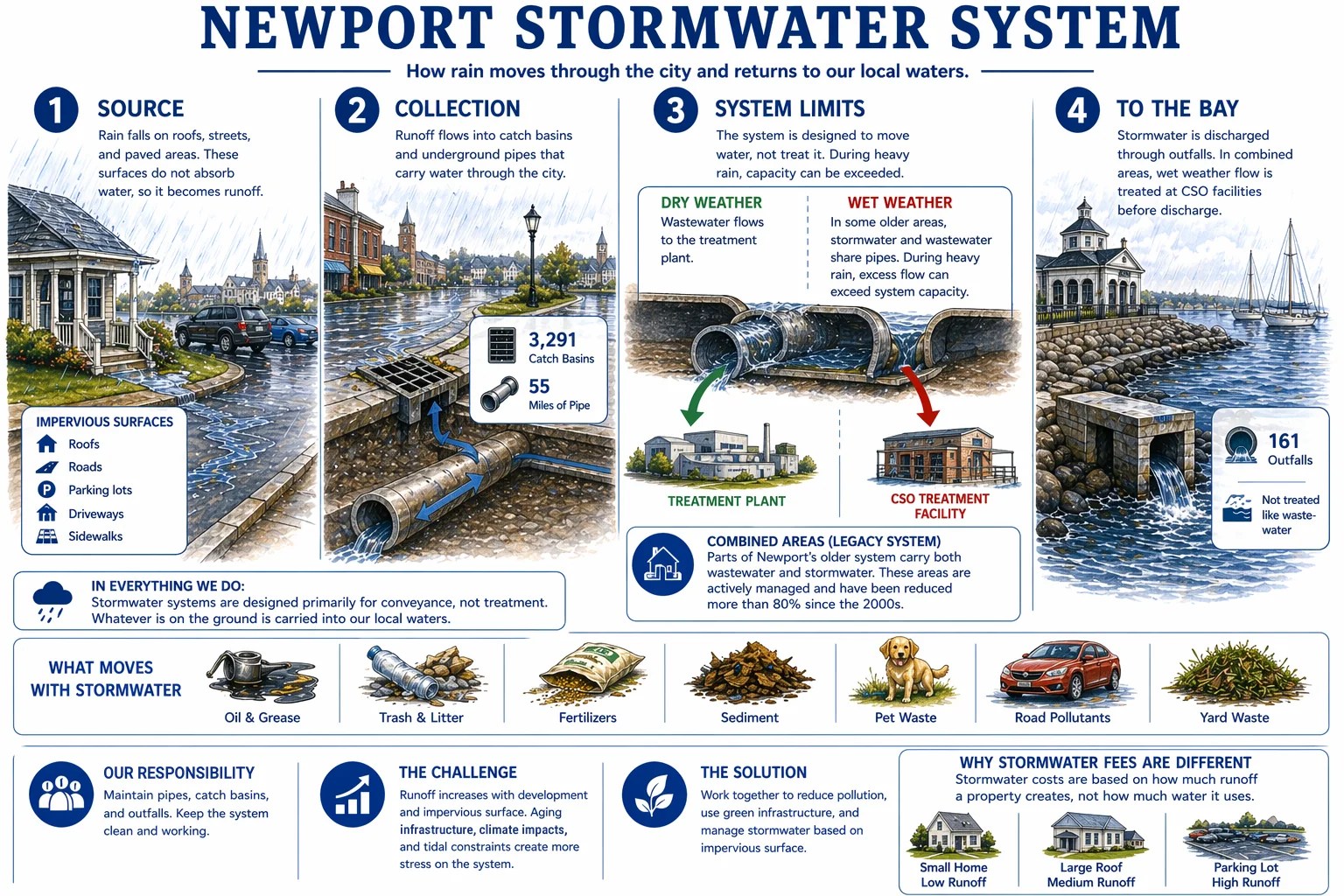 Newport Stormwater System diagram showing four stages: source (rain on impervious surfaces), collection (catch basins and pipes with 3,291 catch basins and 55 miles of pipe), system limits (dry weather flows to treatment plant, wet weather excess flow goes through CSO treatment facility in combined legacy areas), and discharge to the bay through 161 outfalls. Also shows what moves with stormwater and why fees are based on impervious area rather than water use.