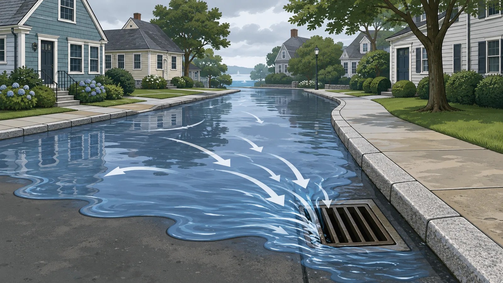 Floodwater entering an open catch basin while water remains on the street.