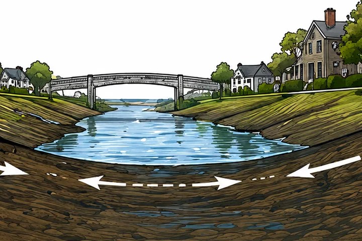 Conceptual channel profile showing a nearly level water surface over a flat bed with locally adverse dips, and a downstream culvert whose invert sits higher than the channel bed.