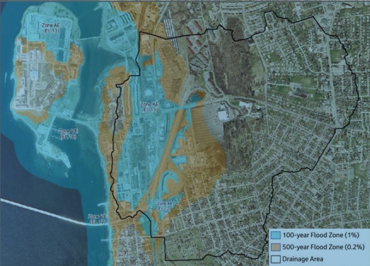 Overview map of the Elizabeth Brook watershed showing the Downstream, Malbone, and Prescott Hall subwatersheds over the street network, with Malbone Channel, open channels, general flow direction, and the outfall to Coasters Harbor. Illustrative and approximate.
