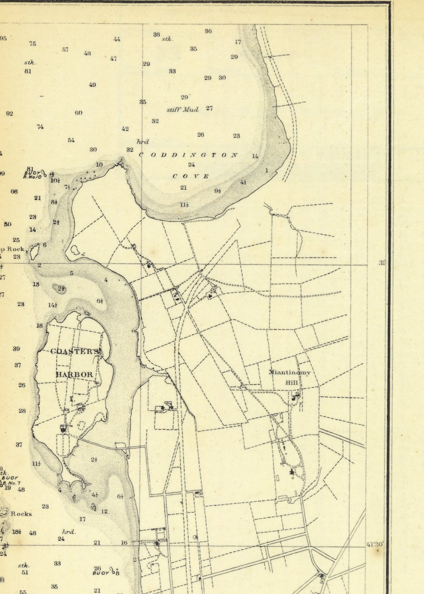 Detail from an 1862 United States Coast Survey chart showing Coasters Harbor, Coddington Cove, the Newport shoreline, soundings, and the early street and road network.