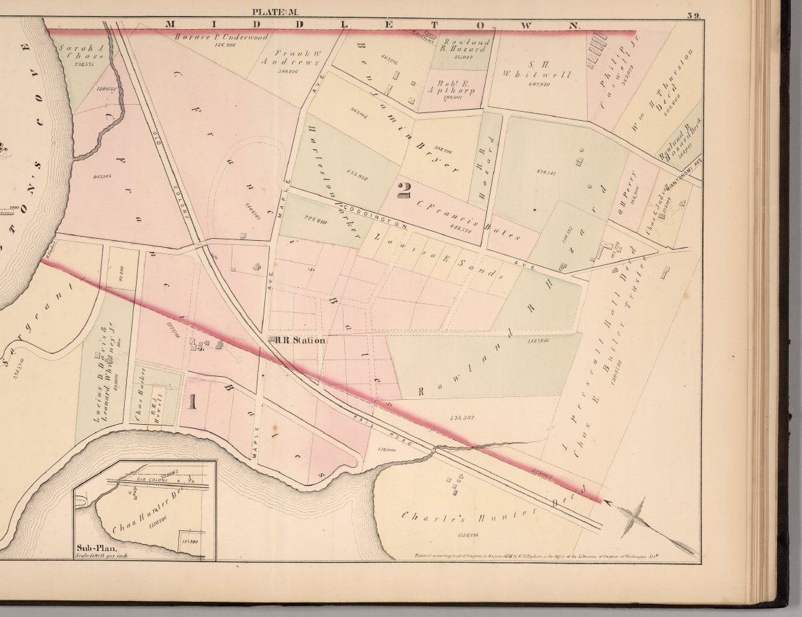 Detail from an 1876 atlas plate showing the Prescott Hall estate, the railroad corridor, farm parcels, a watercourse draining toward Coddington Cove, and the Middletown town line, with historical property owner names.