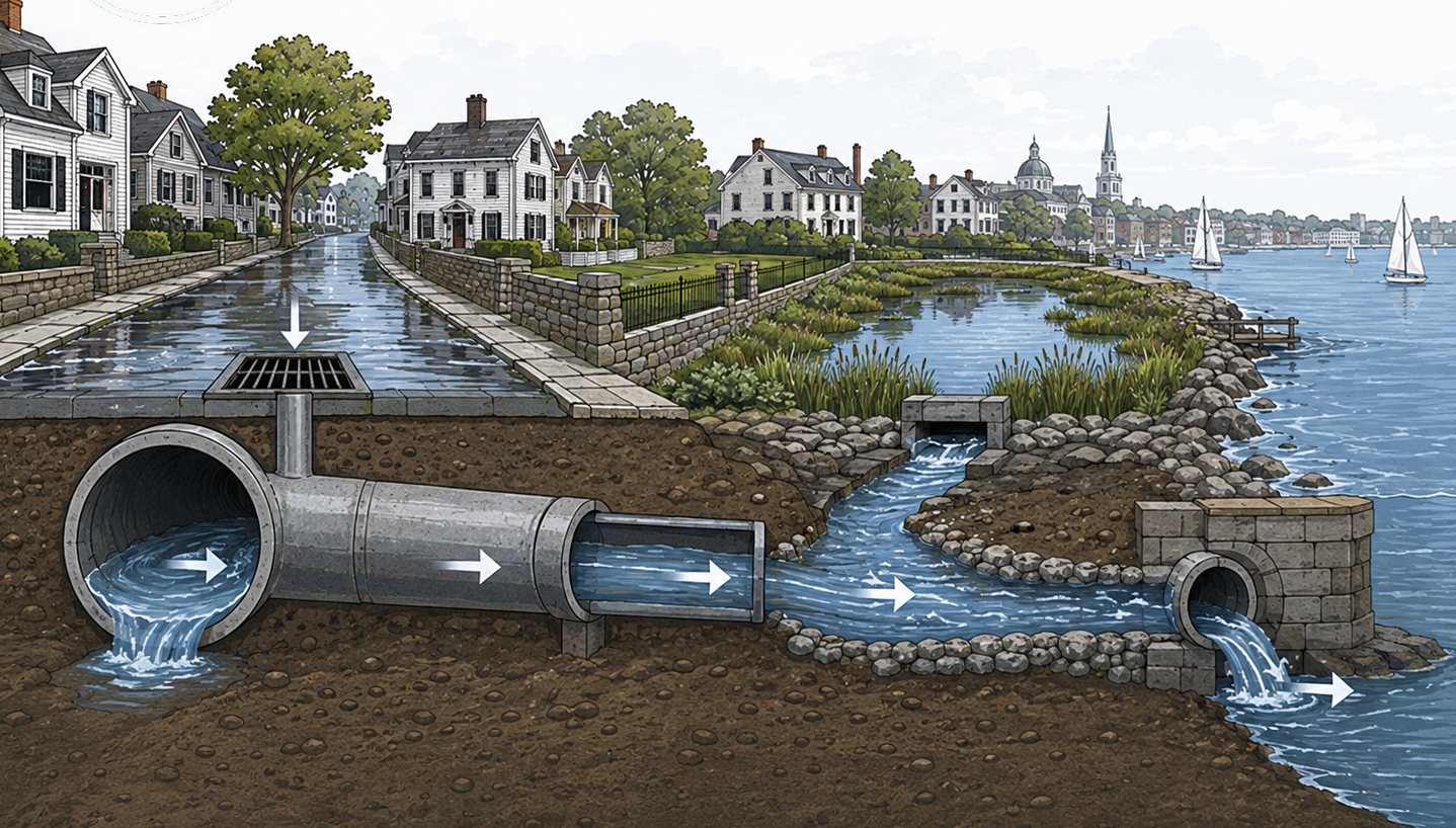 Conceptual illustration of a drainage system from a neighborhood street to the harbor. Runoff enters a catch basin, flows through progressively smaller underground pipes into an open channel through a wetland, and discharges through a stone outfall to the harbor.